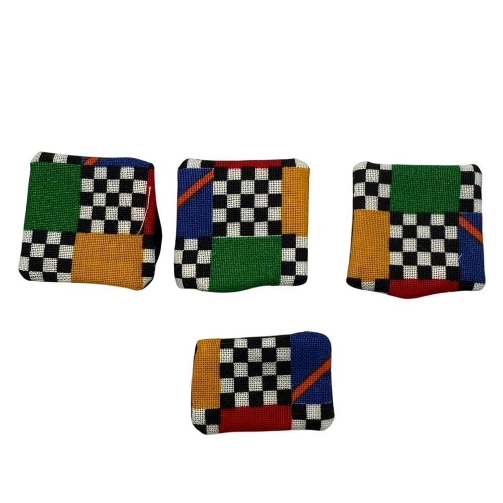 Vintage Geometric Patchwork Fabric Patches Checkerboard Retro Multi Color 4pc